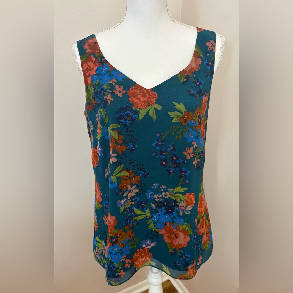 CAbi Teal Top with Floral Accents